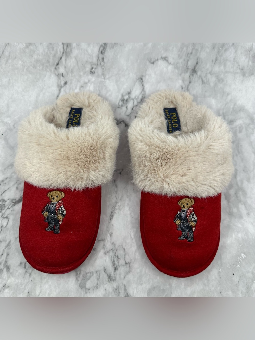 Polo by Ralph Lauren Red Teddy Bear Faux-Fur Trim Slippers